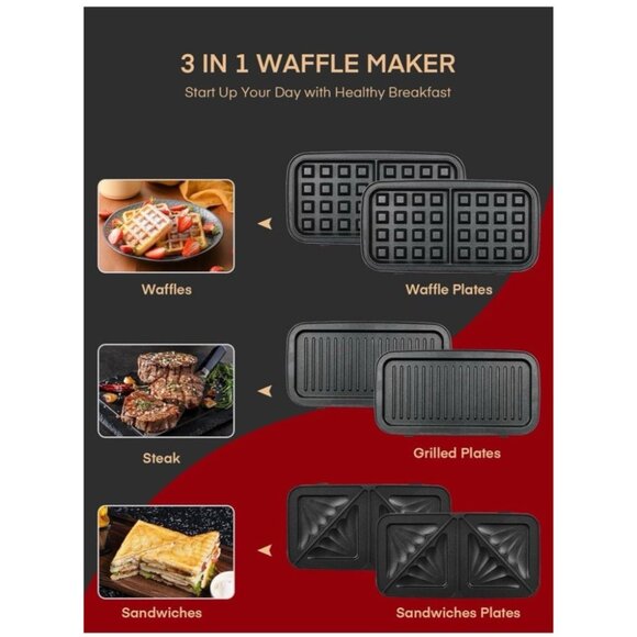 3-in-1 Waffle Sandwich Panini Maker Removable Plates 1200W Grill *Damaged box* - Picture 6 of 14
